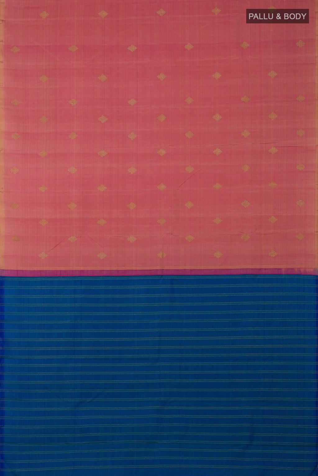 Flat view of Pure Silk Pure Zari Pink Kanchipuram Saree with Partli on the body and Without Border. 