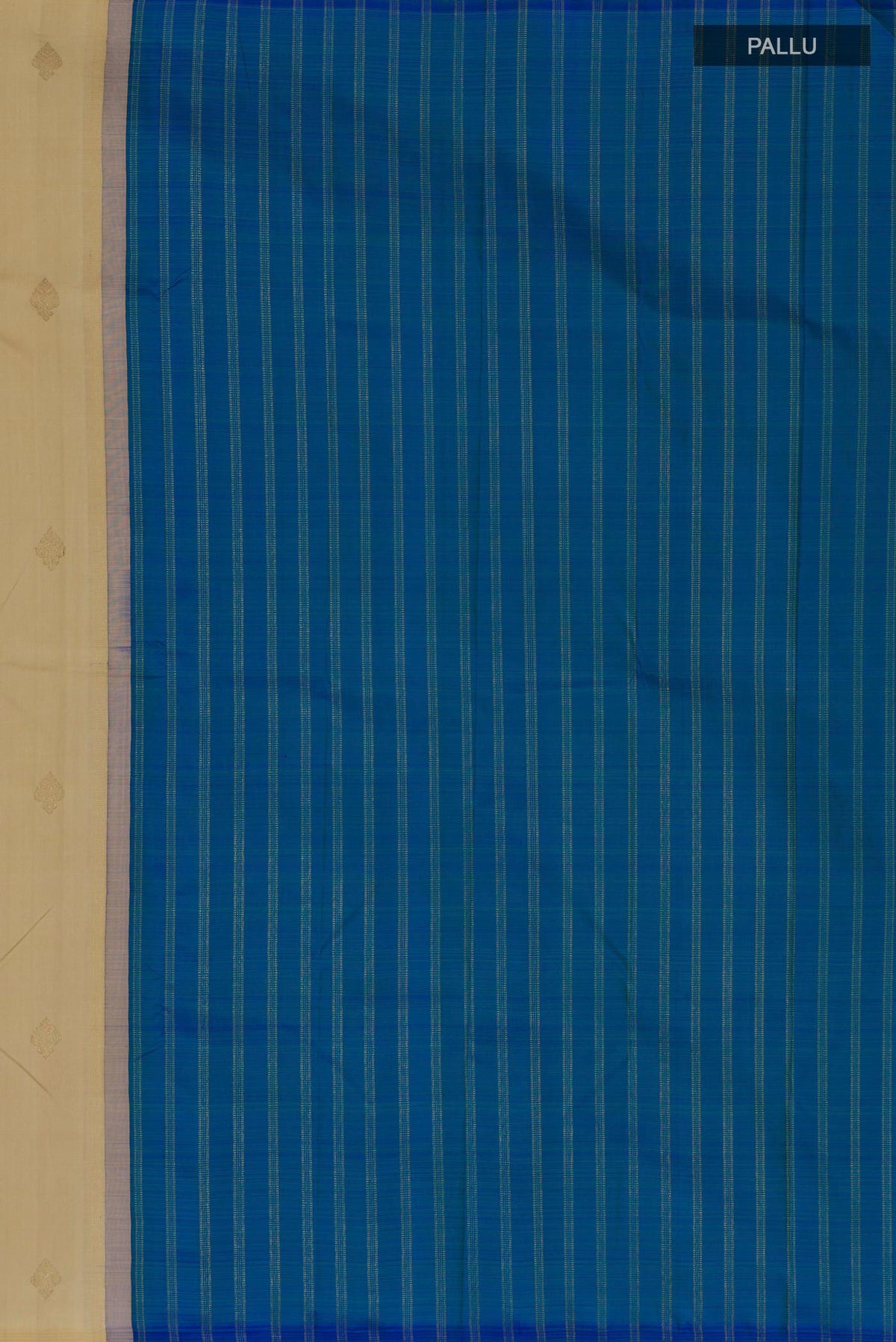 Close up image of the pallu of Pure Silk Pure Zari Multi Color Kanchipuram Saree with Half And Half on the body and Without Border. 