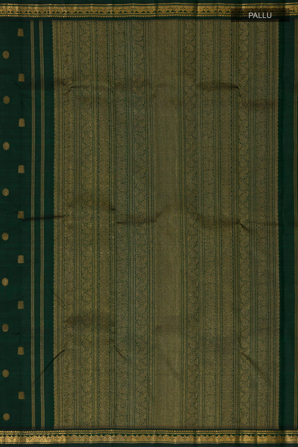 Close up image of the pallu of Pure Silk Pure Zari Green Kanchipuram Saree with Zari Butta on the body and Zari Border. 