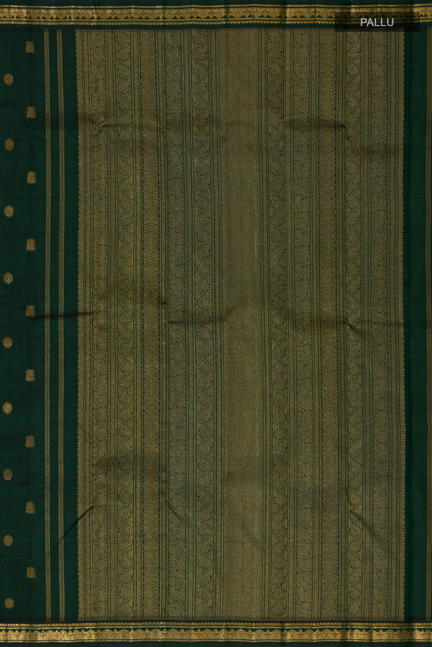 Close up image of the pallu of Pure Silk Pure Zari Green Kanchipuram Saree with Zari Butta on the body and Zari Border. 