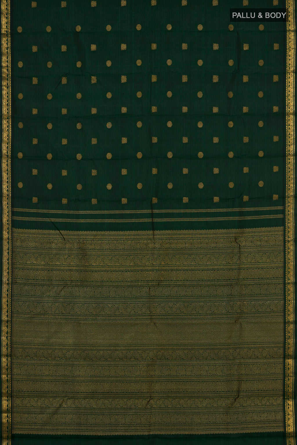Flat view of Pure Silk Pure Zari Green Kanchipuram Saree with Zari Butta on the body and Zari Border. 