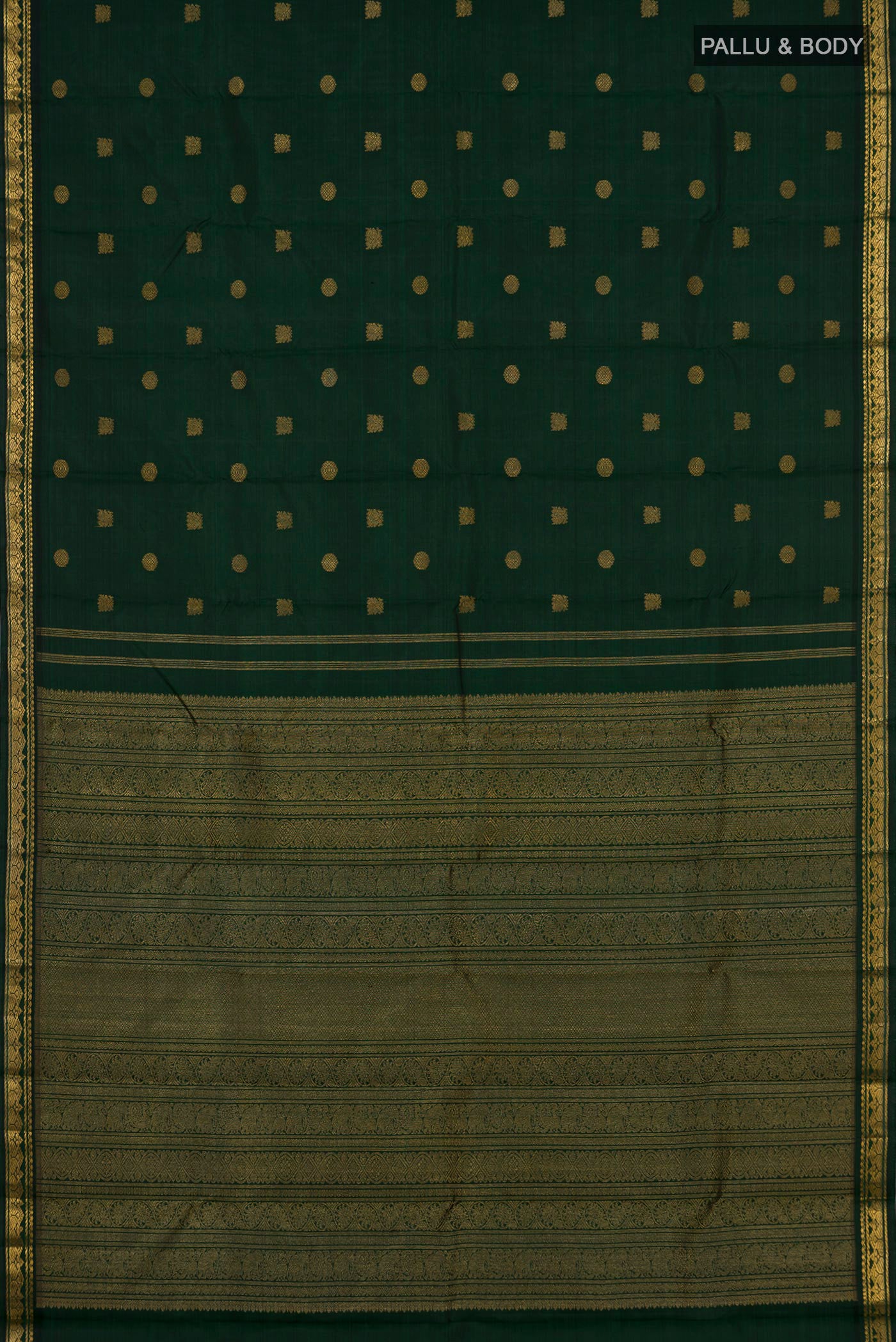 Flat view of Pure Silk Pure Zari Green Kanchipuram Saree with Zari Butta on the body and Zari Border. 