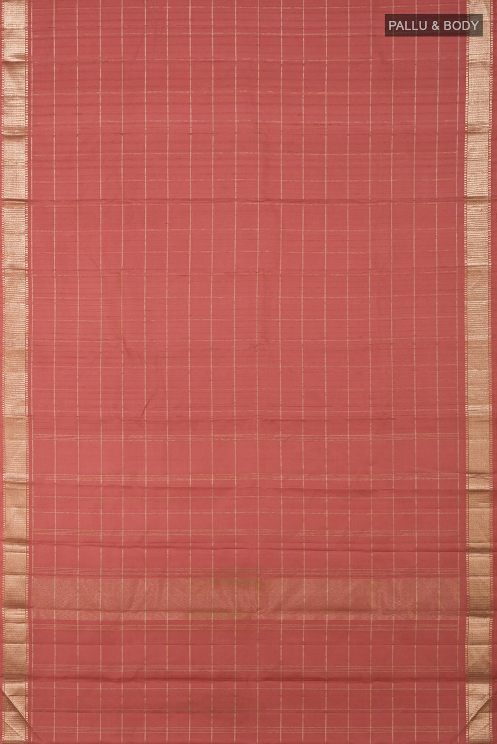 Flat view of Pure Silk Pure Zari Peach Kanchipuram Saree with Checked design on the body and Zari Border. 