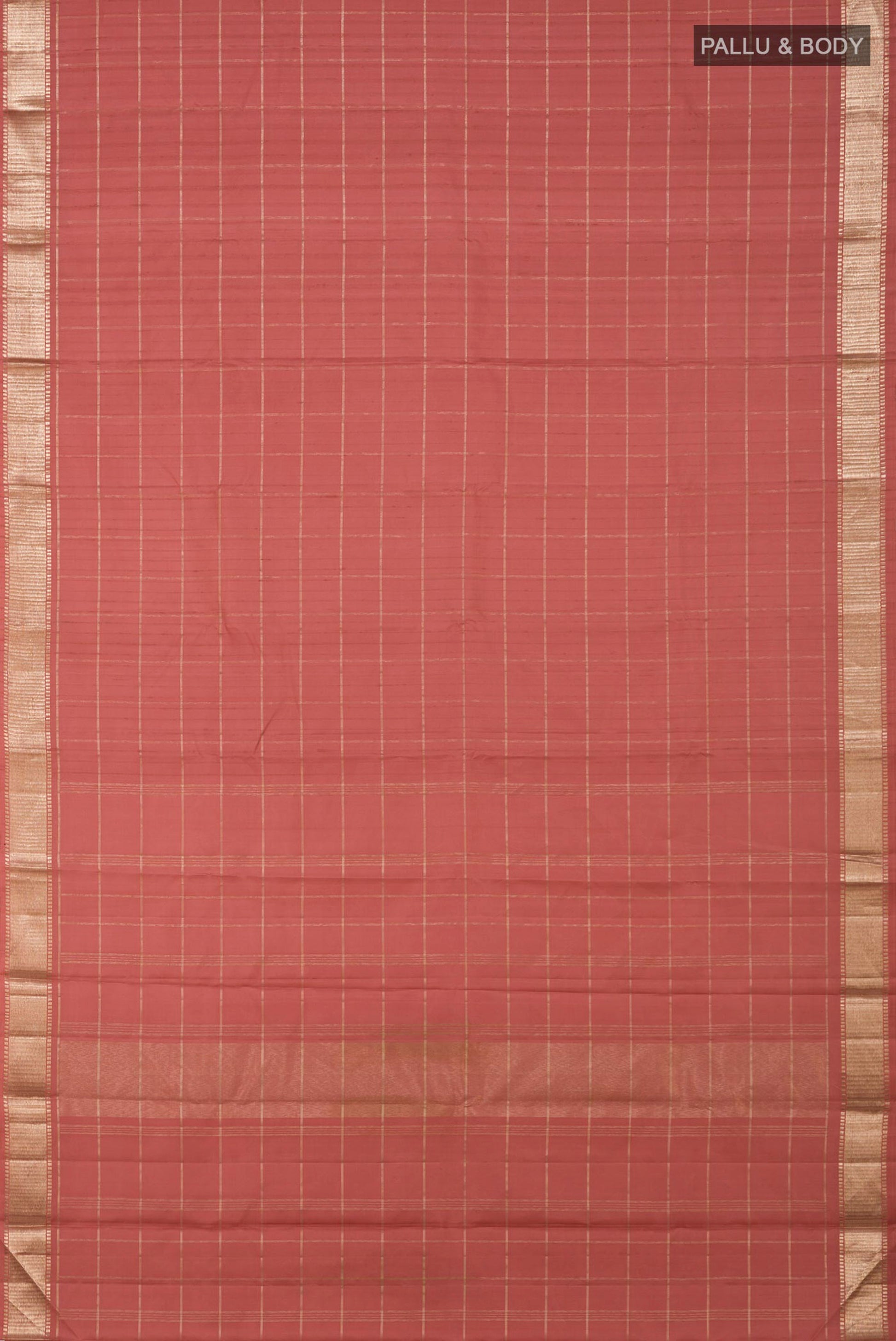 Flat view of Pure Silk Pure Zari Peach Kanchipuram Saree with Checked design on the body and Zari Border. 