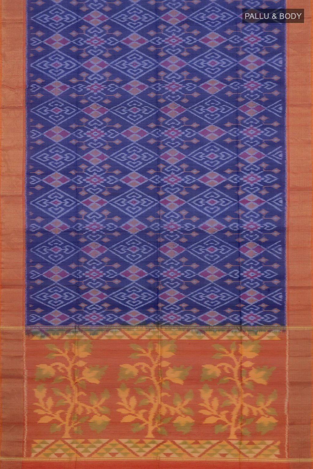 Flat view of Blue Silk Cotton Saree with Ikat design on the body and Zari Border. 