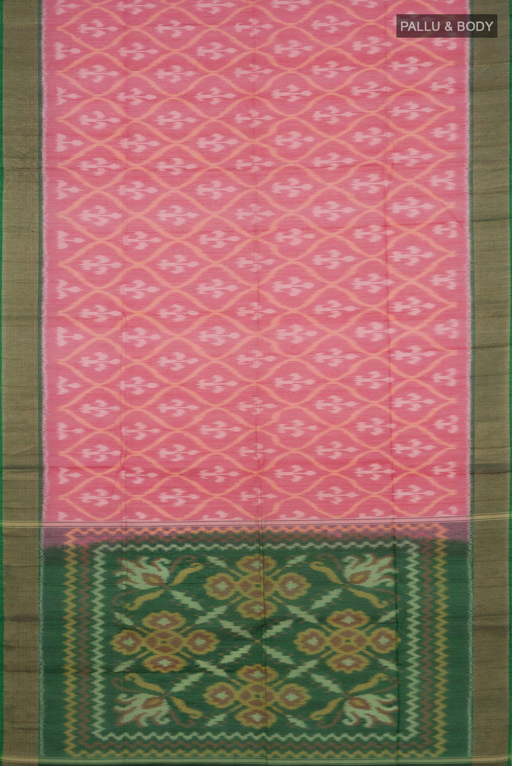 Flat view of Pink Silk Cotton Saree with Ikat design on the body and Zari Border. 