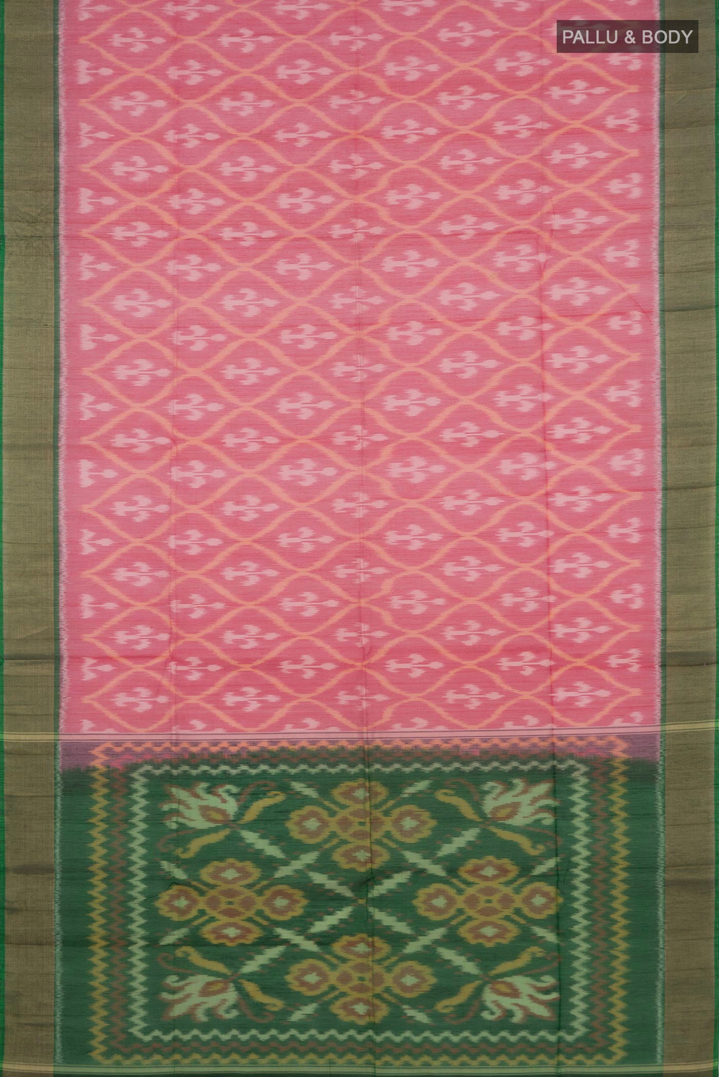 Flat view of Pink Silk Cotton Saree with Ikat design on the body and Zari Border. 