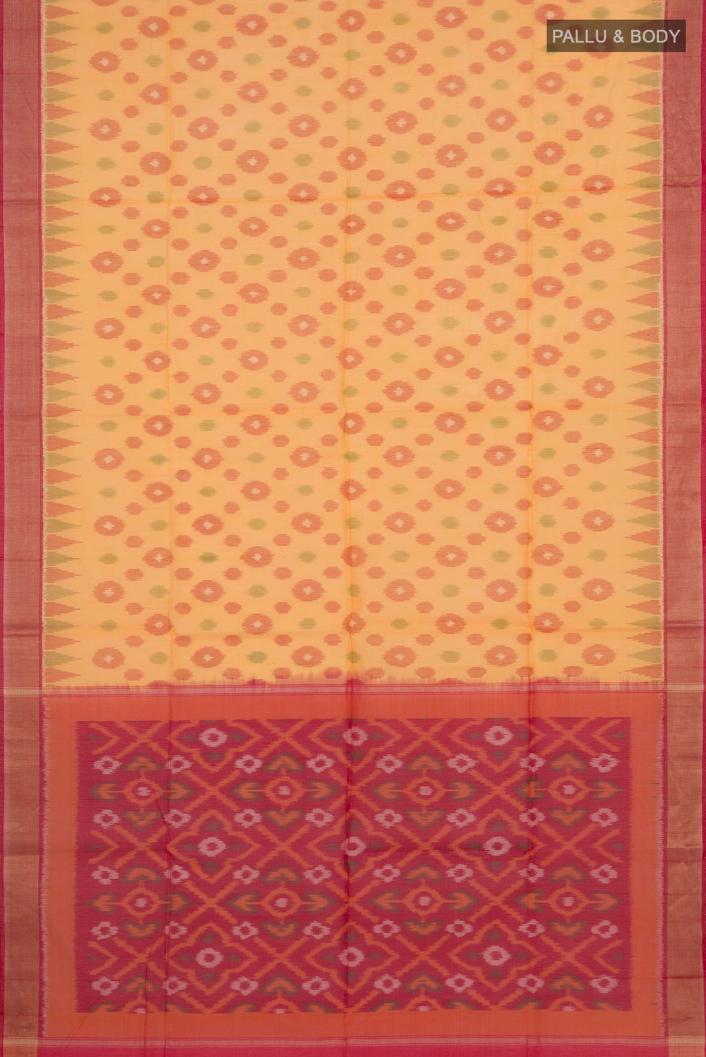 Flat view of Yellow Silk Cotton Saree with Ikat design on the body and Zari Border. 