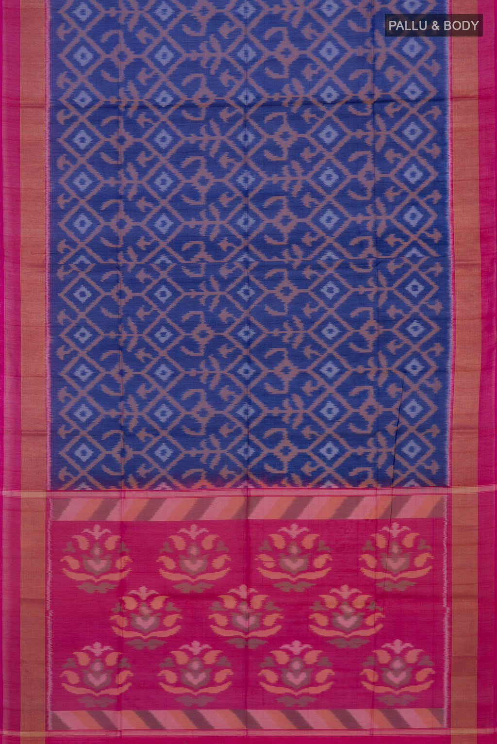 Flat view of Royal Blue Silk Cotton Saree with Ikat design on the body and Zari Border. 