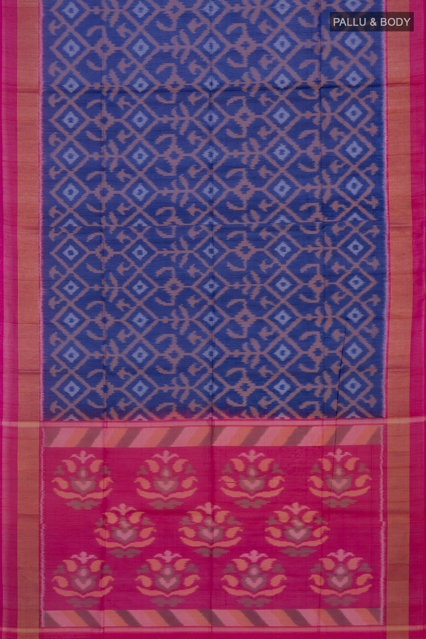 Flat view of Royal Blue Silk Cotton Saree with Ikat design on the body and Zari Border. 