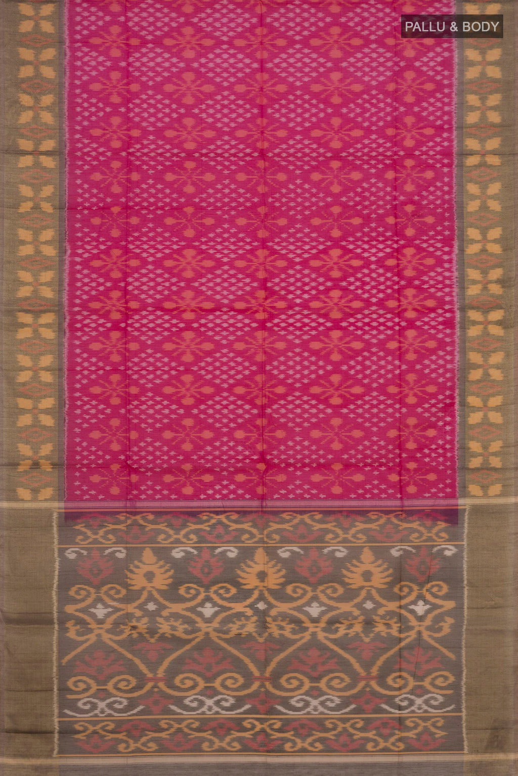 Flat view of Pink Silk Cotton Saree with Ikat design on the body and Zari Border. 