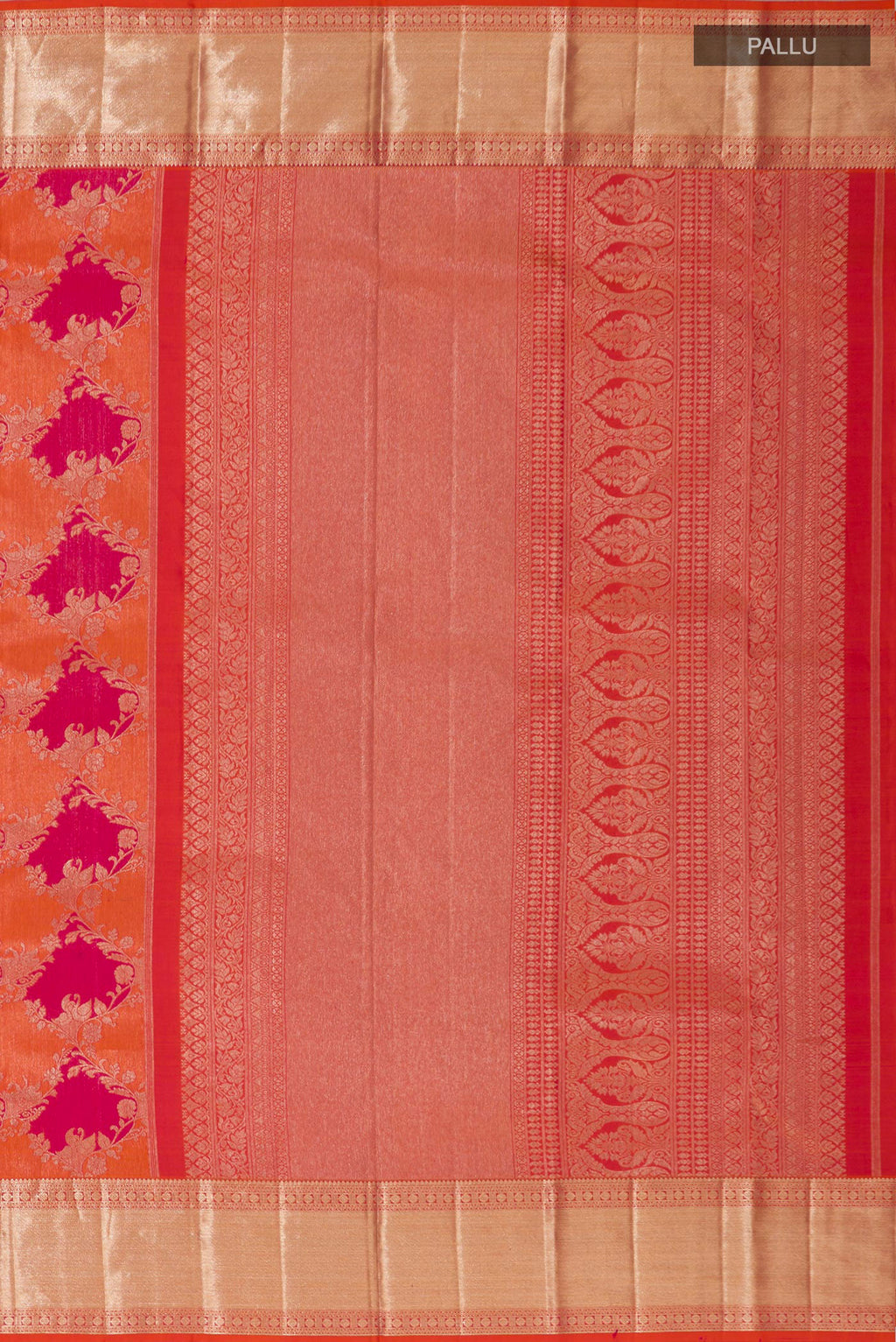 Close up image of the pallu of Orange Kanjivaram Saree with Zari Brocade on the body and Zari Border. 