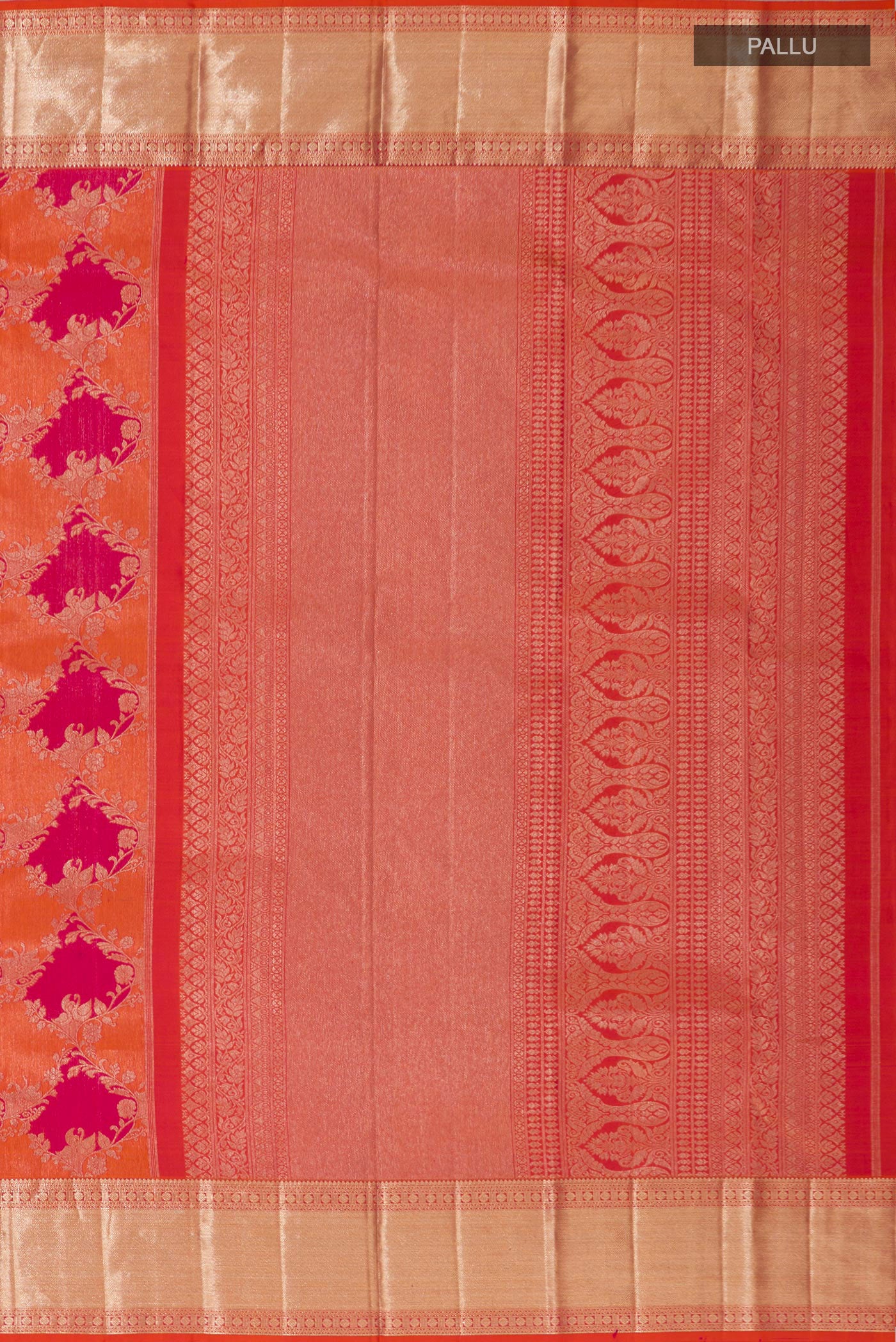 Close up image of the pallu of Orange Kanjivaram Saree with Zari Brocade on the body and Zari Border. 