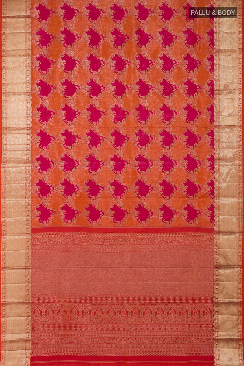 Flat view of Orange Kanjivaram Saree with Zari Brocade on the body and Zari Border. 