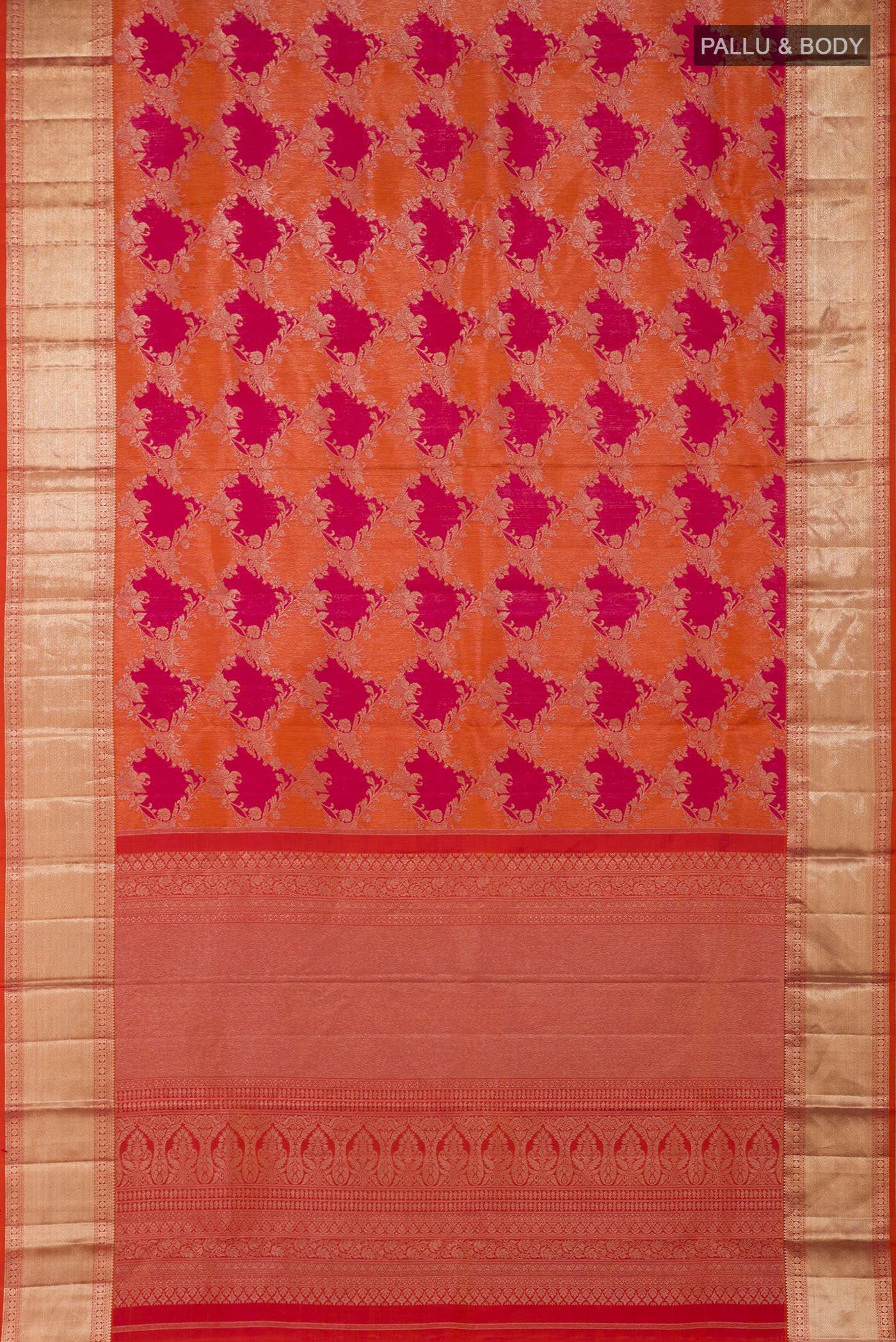 Flat view of Orange Kanjivaram Saree with Zari Brocade on the body and Zari Border. 