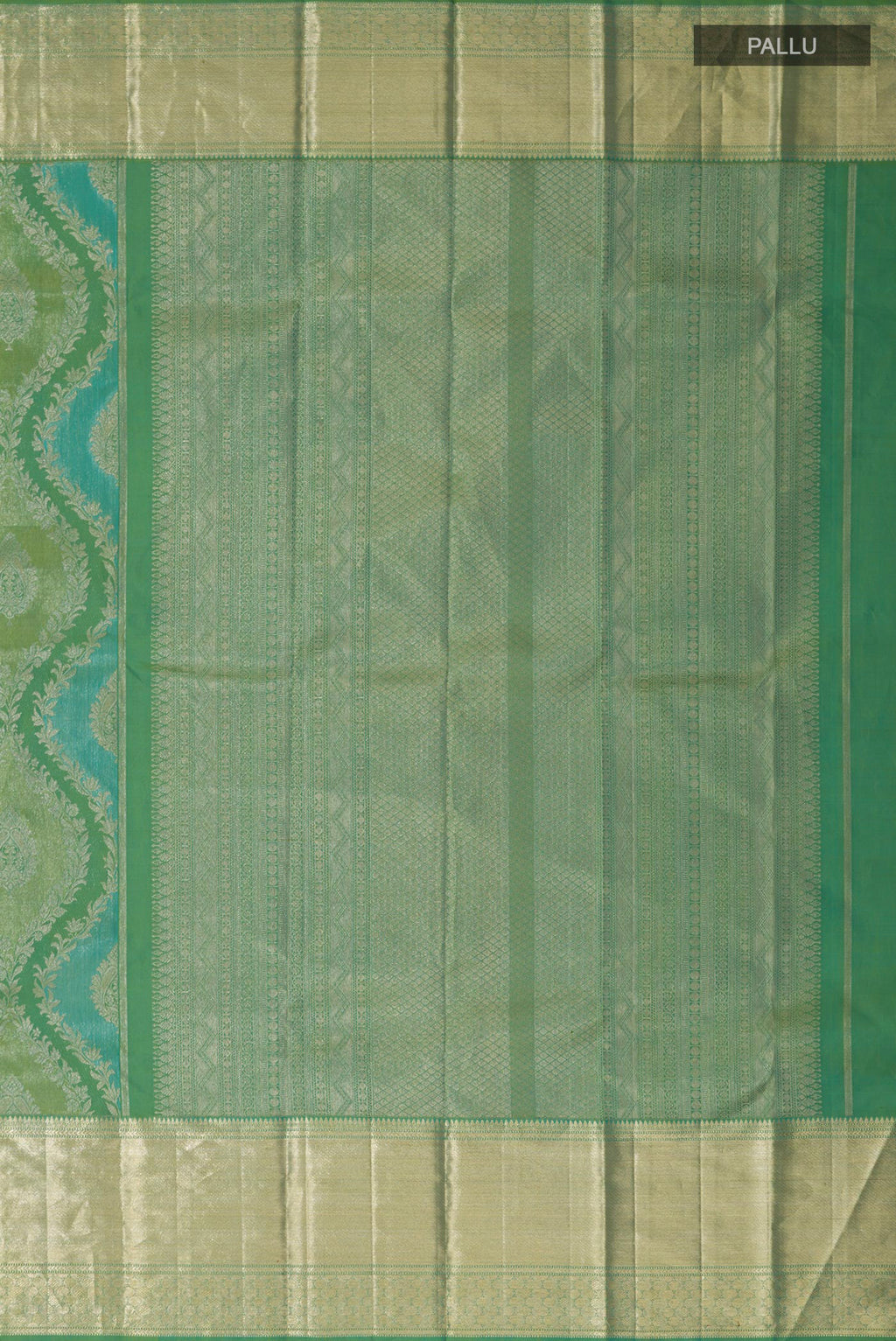 Close up image of the pallu of Green Kanjivaram Silk Saree with Zari Brocade on the body and Zari Border. 