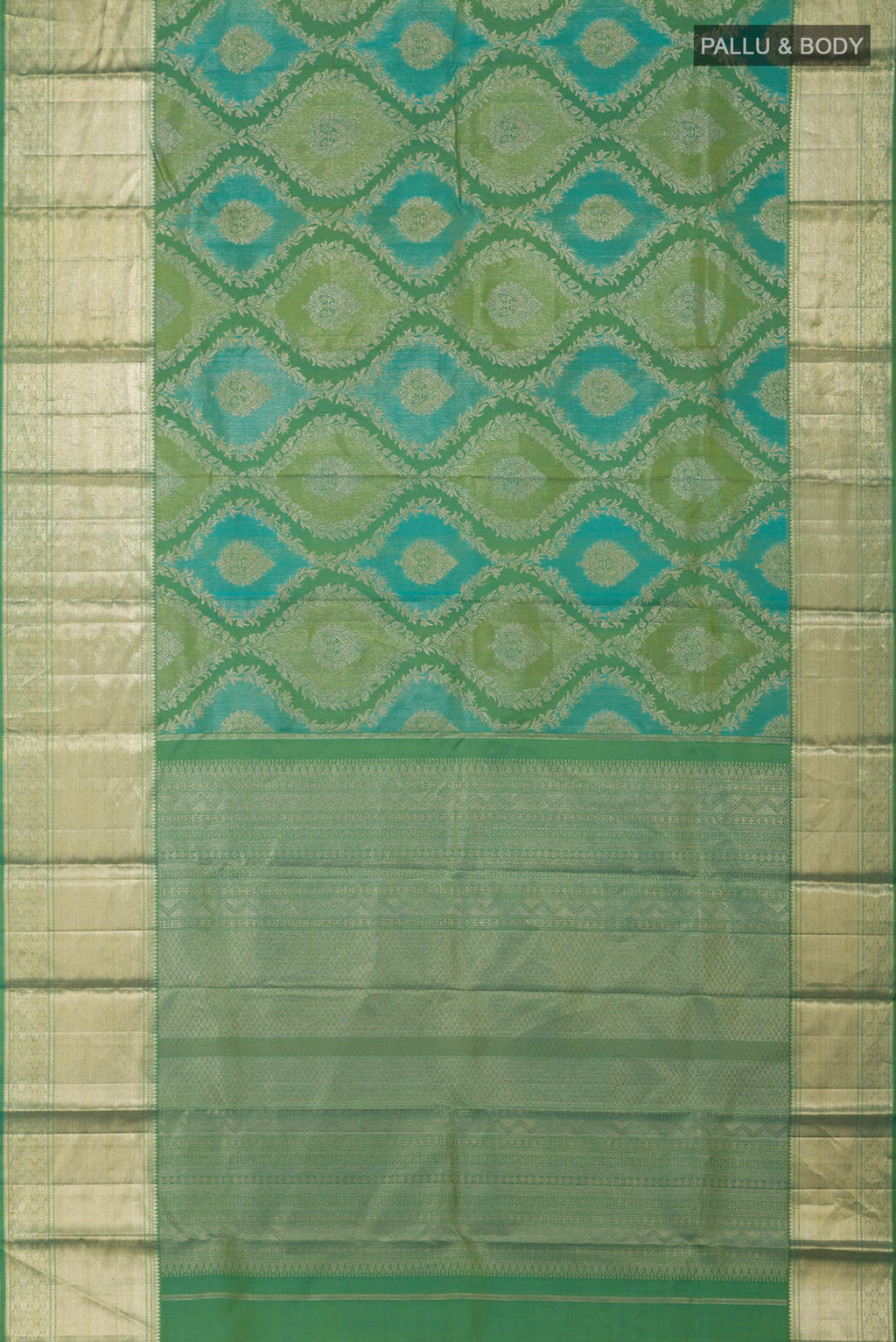 Flat view of Green Kanjivaram Silk Saree with Zari Brocade on the body and Zari Border. 