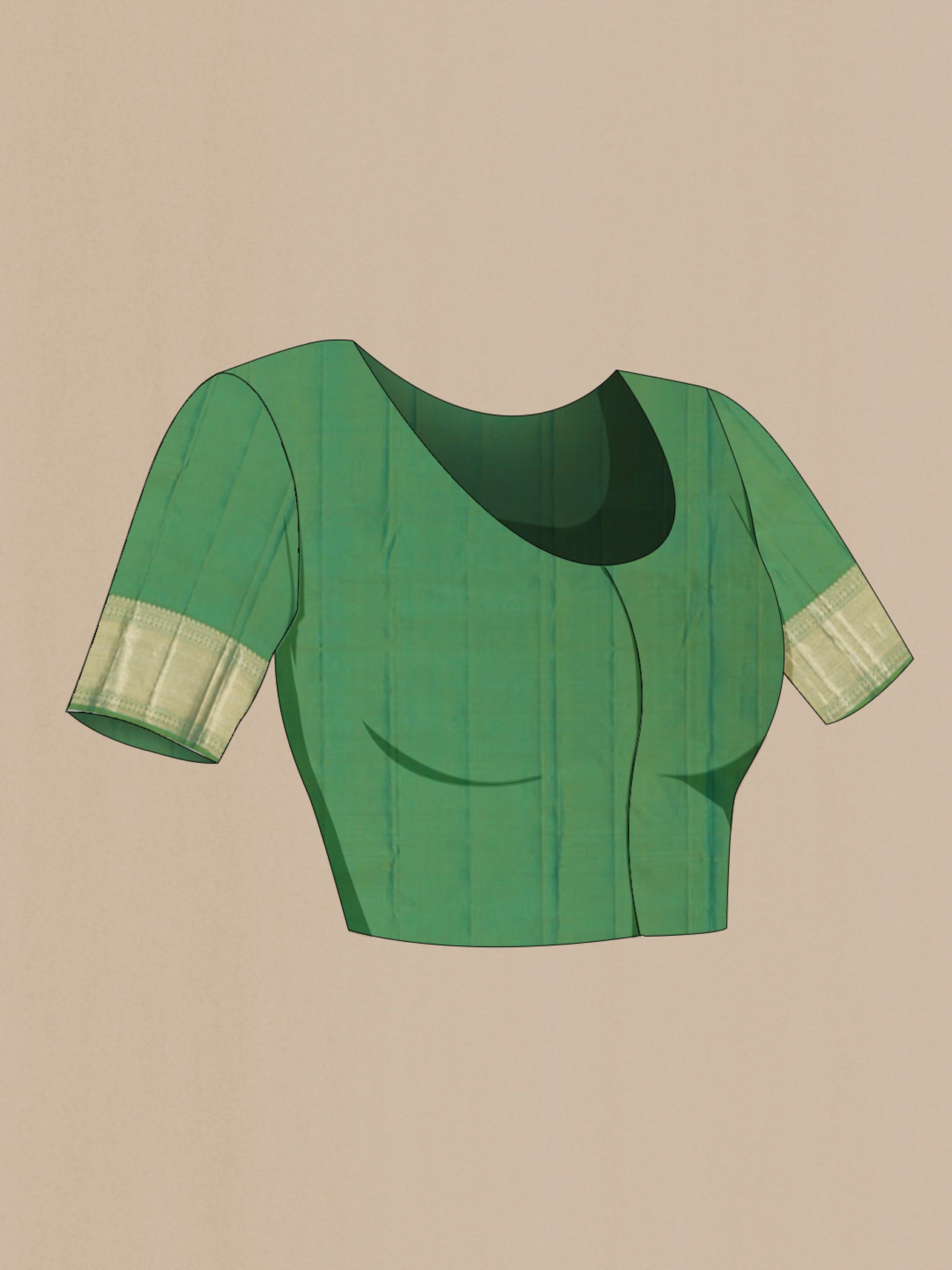 Close up image of the blouse of Green Kanjivaram Silk Saree with Zari Brocade on the body and Zari Border. 