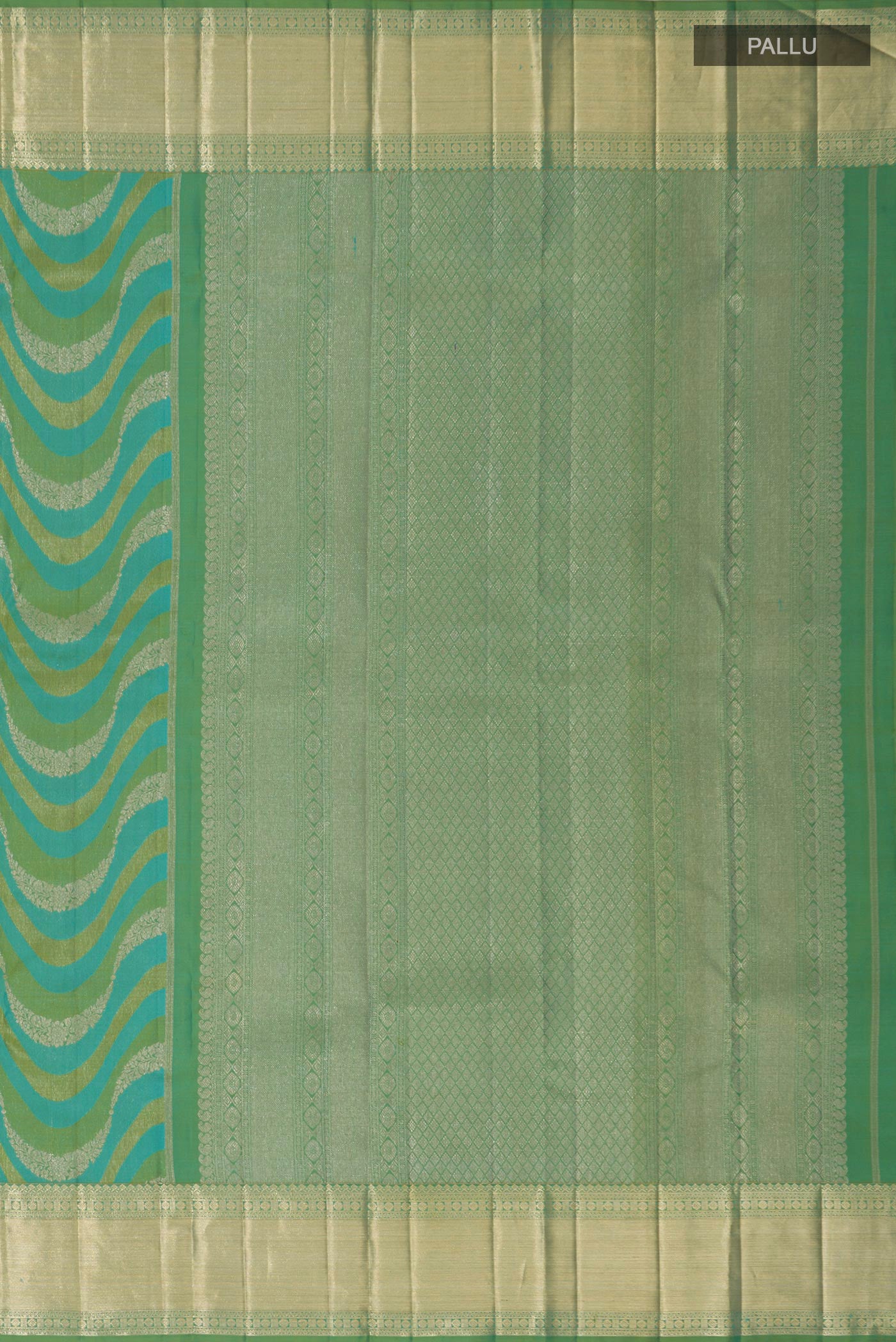 Close up image of the pallu of Green Kanjivaram Silk Saree with Zari Brocade on the body and Zari Border. 