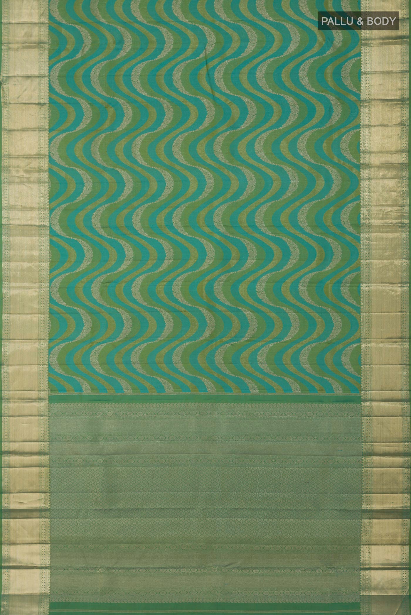 Flat view of Green Kanjivaram Silk Saree with Zari Brocade on the body and Zari Border. 