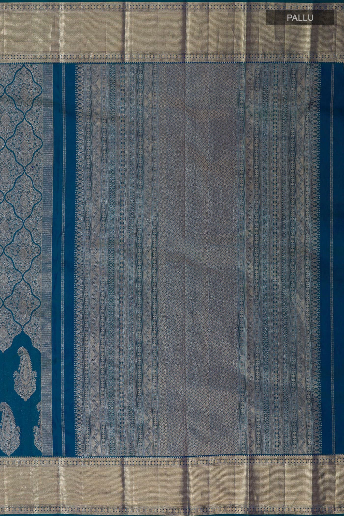 Close up image of the pallu of Blue Kanjivaram Silk Saree with Zari Brocade on the body and Zari Border. 