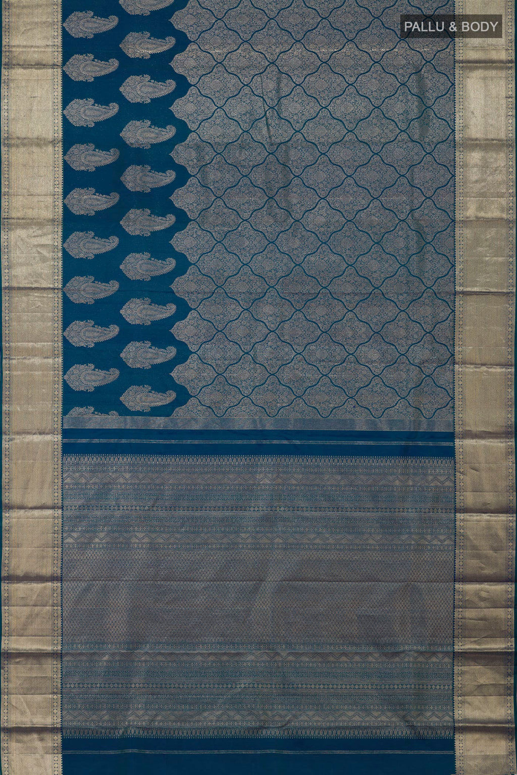 Flat view of Blue Kanjivaram Silk Saree with Zari Brocade on the body and Zari Border. 