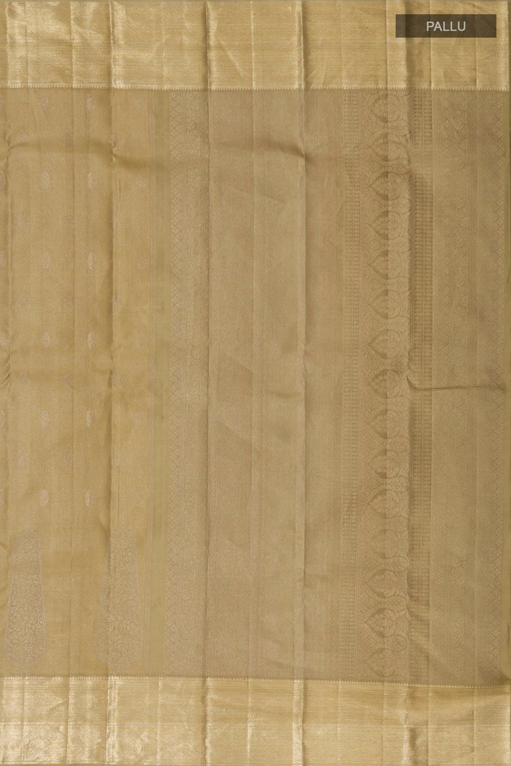 Close up image of the pallu of Green Kanjivaram Silk Saree with Zari Brocade on the body and Zari Border. 