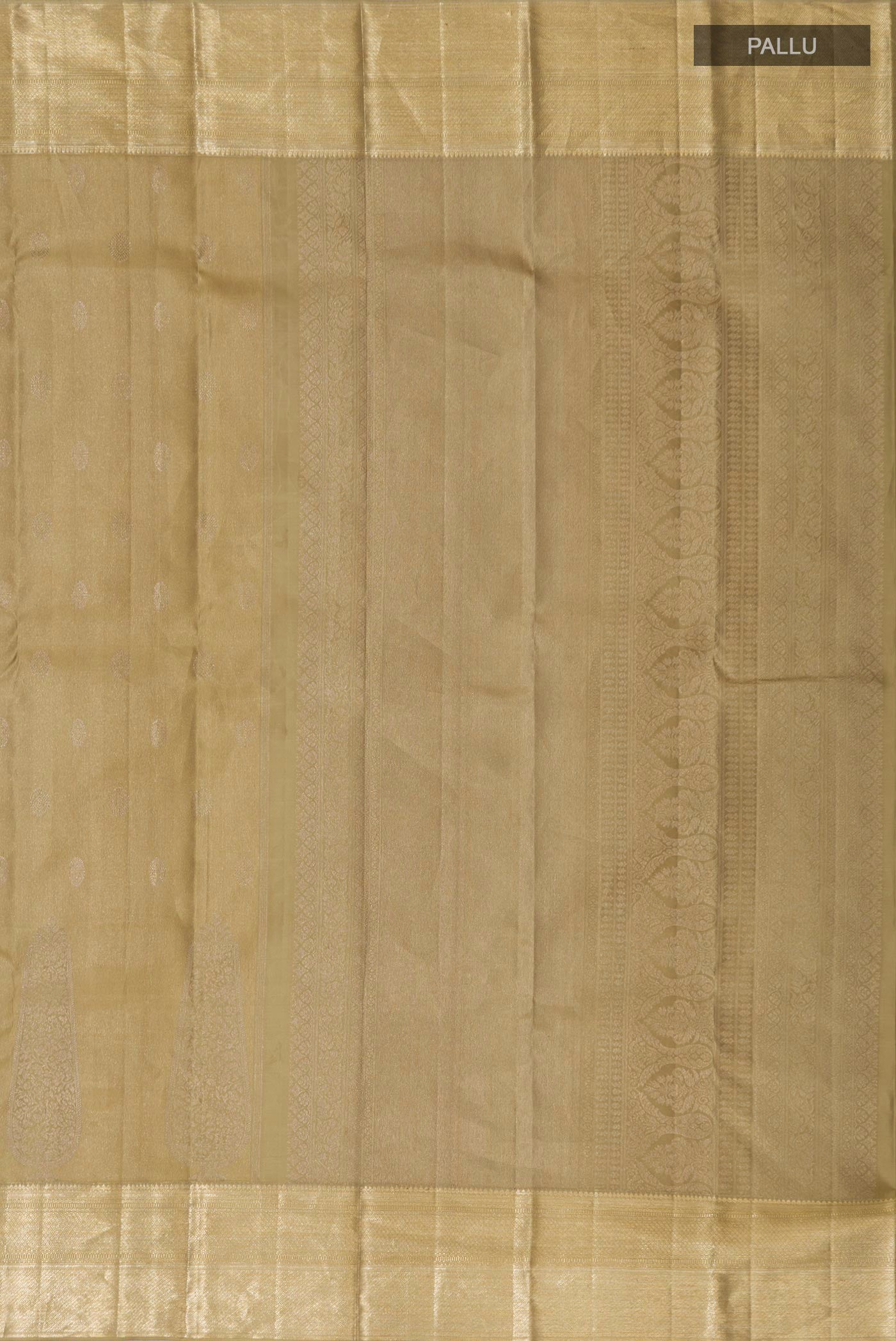 Close up image of the pallu of Green Kanjivaram Silk Saree with Zari Brocade on the body and Zari Border. 