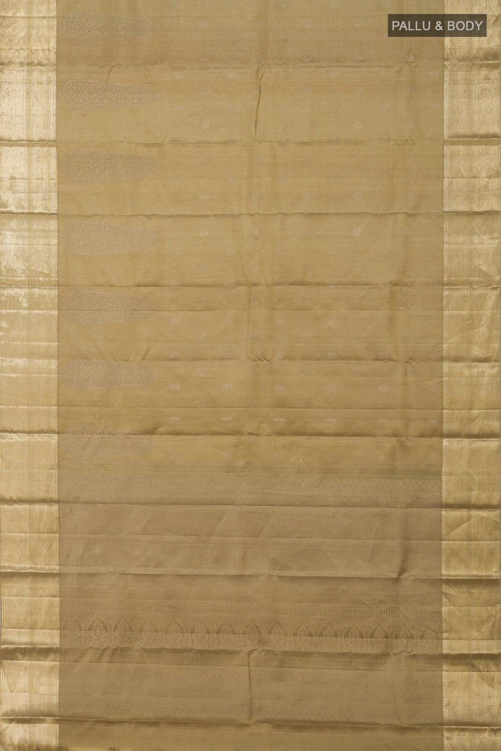 Flat view of Green Kanjivaram Silk Saree with Zari Brocade on the body and Zari Border. 