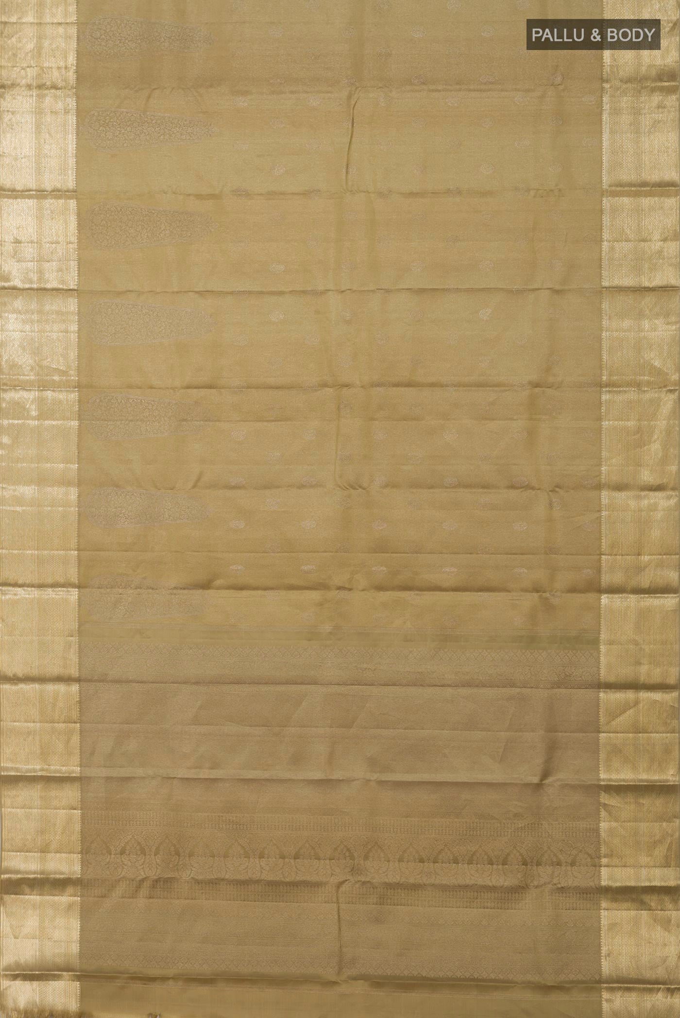 Flat view of Green Kanjivaram Silk Saree with Zari Brocade on the body and Zari Border. 