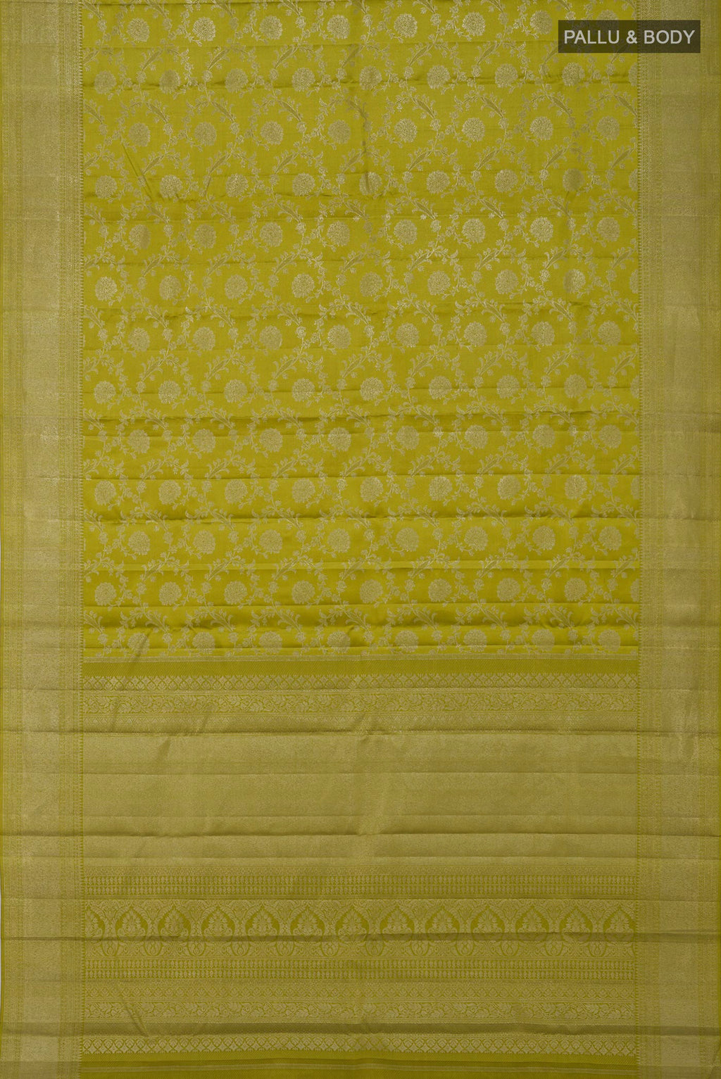 Flat view of Green Kanjivaram Saree with Zari Brocade on the body and Zari Border. 