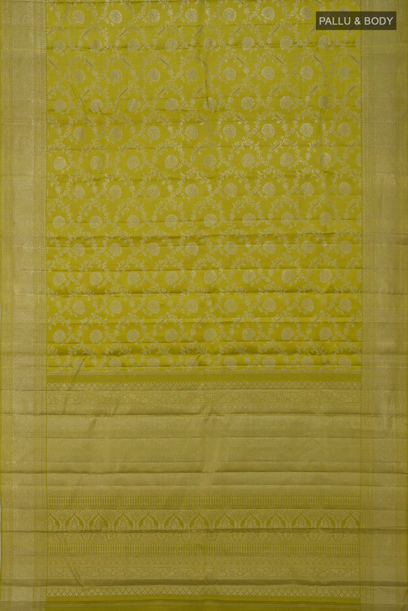 Flat view of Green Kanjivaram Saree with Zari Brocade on the body and Zari Border. 