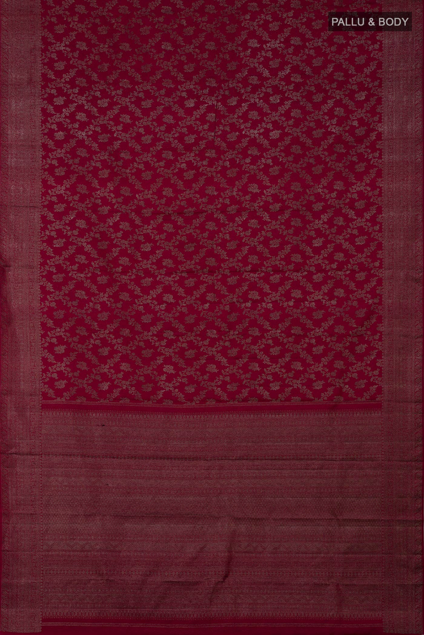 Flat view of Maroon Kanjivaram Silk Saree with Zari Brocade on the body and Zari Border. 