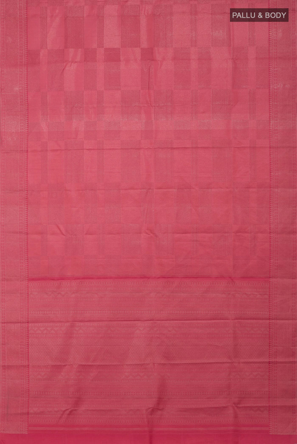Flat view of Peach Kanjivaram Silk Saree with Zari Brocade on the body and Zari Border. 