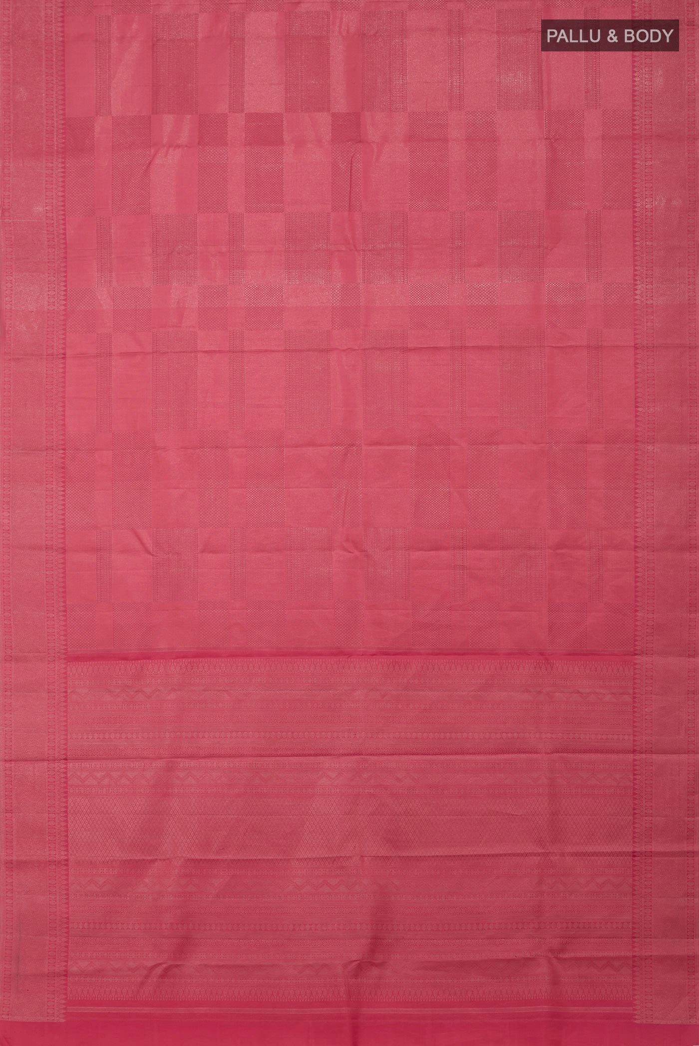 Flat view of Peach Kanjivaram Silk Saree with Zari Brocade on the body and Zari Border. 
