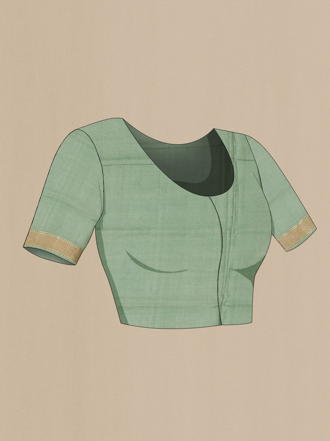 Close up image of the blouse of Pista Green Tussar Silk Saree with Zari Butta on the body and Zari Border. 