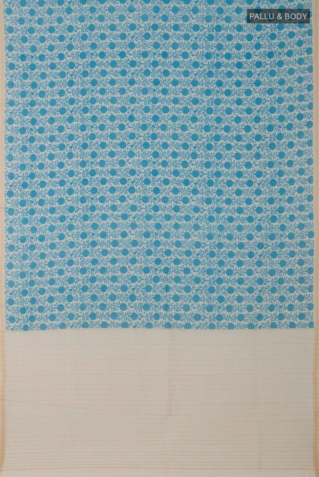 Flat view of Cream Tussar Saree with Printed design on the body and Thin Zari Line. 