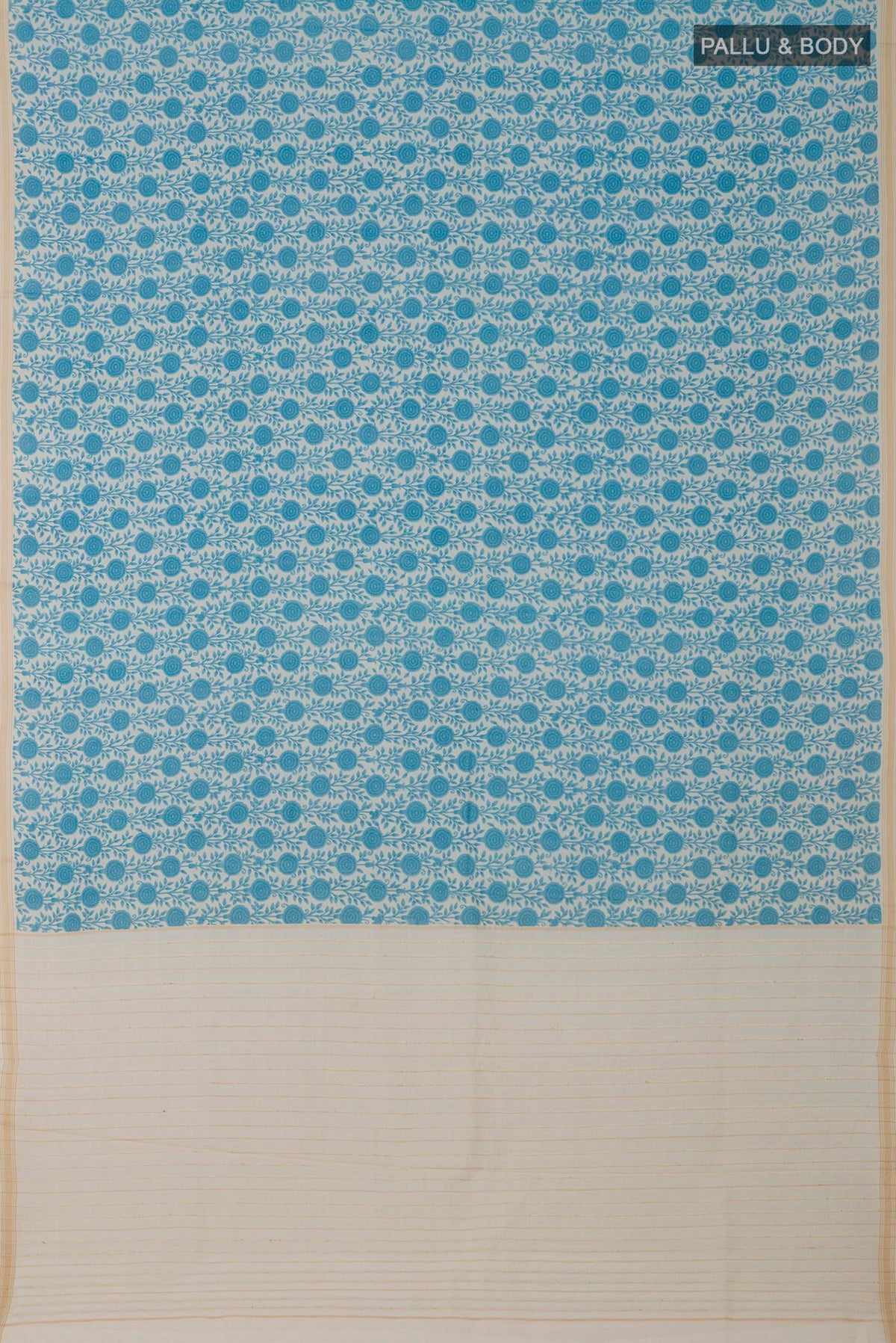 Flat view of Cream Tussar Saree with Printed design on the body and Thin Zari Line. 