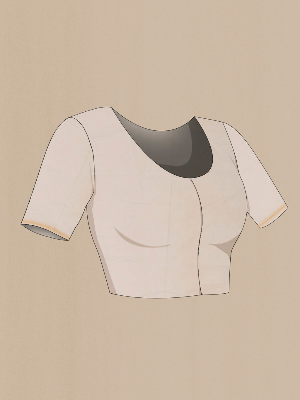 Close up image of the blouse of Cream Tussar Saree with Printed design on the body and Thin Zari Line. 