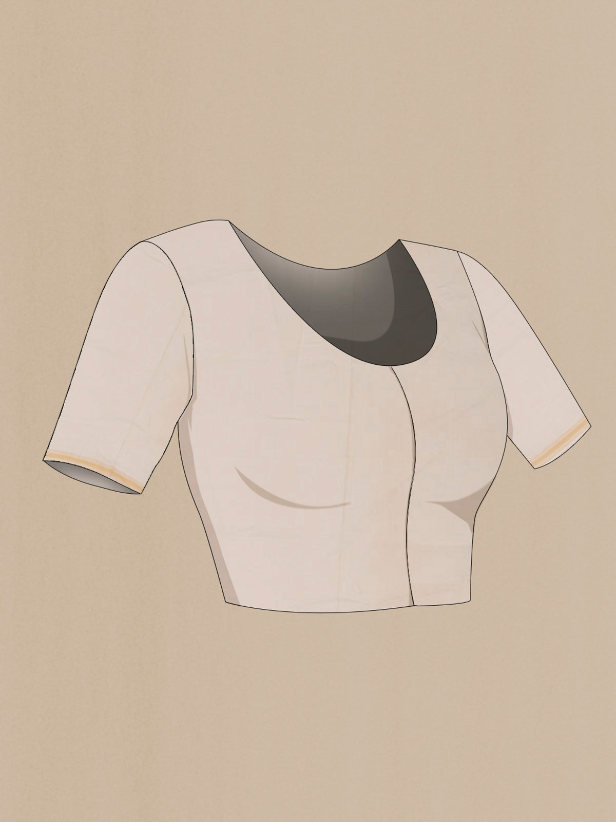 Close up image of the blouse of Cream Tussar Saree with Printed design on the body and Thin Zari Line. 