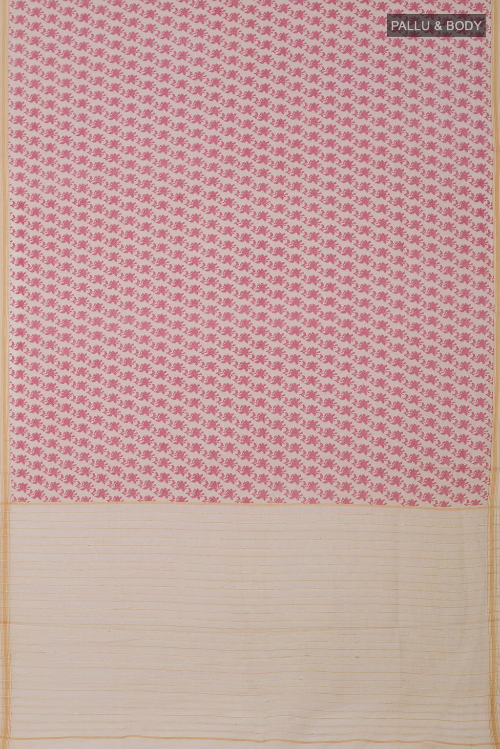 Flat view of Cream Tussar Saree with Printed design on the body and Thin Zari Line. 