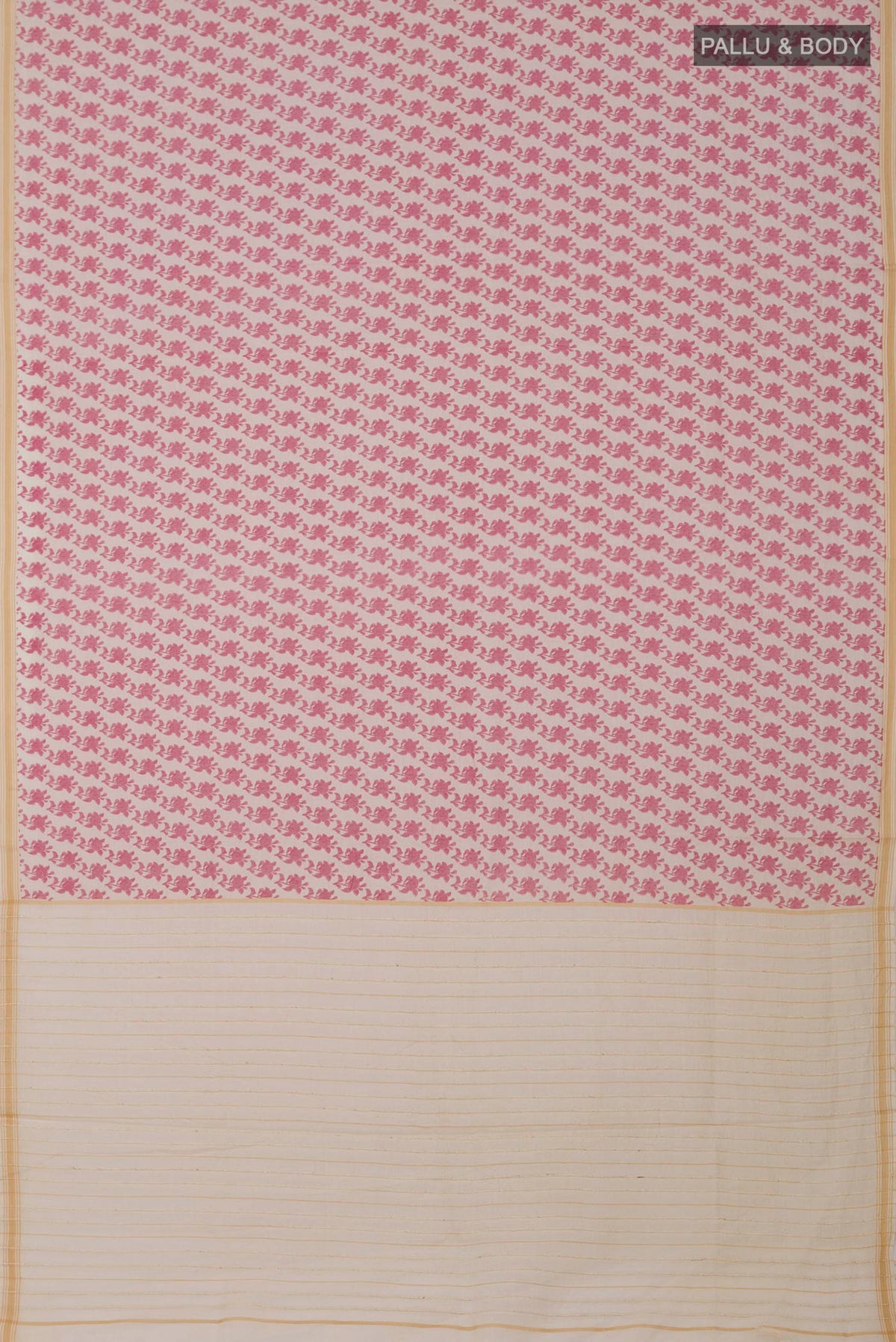 Flat view of Cream Tussar Saree with Printed design on the body and Thin Zari Line. 
