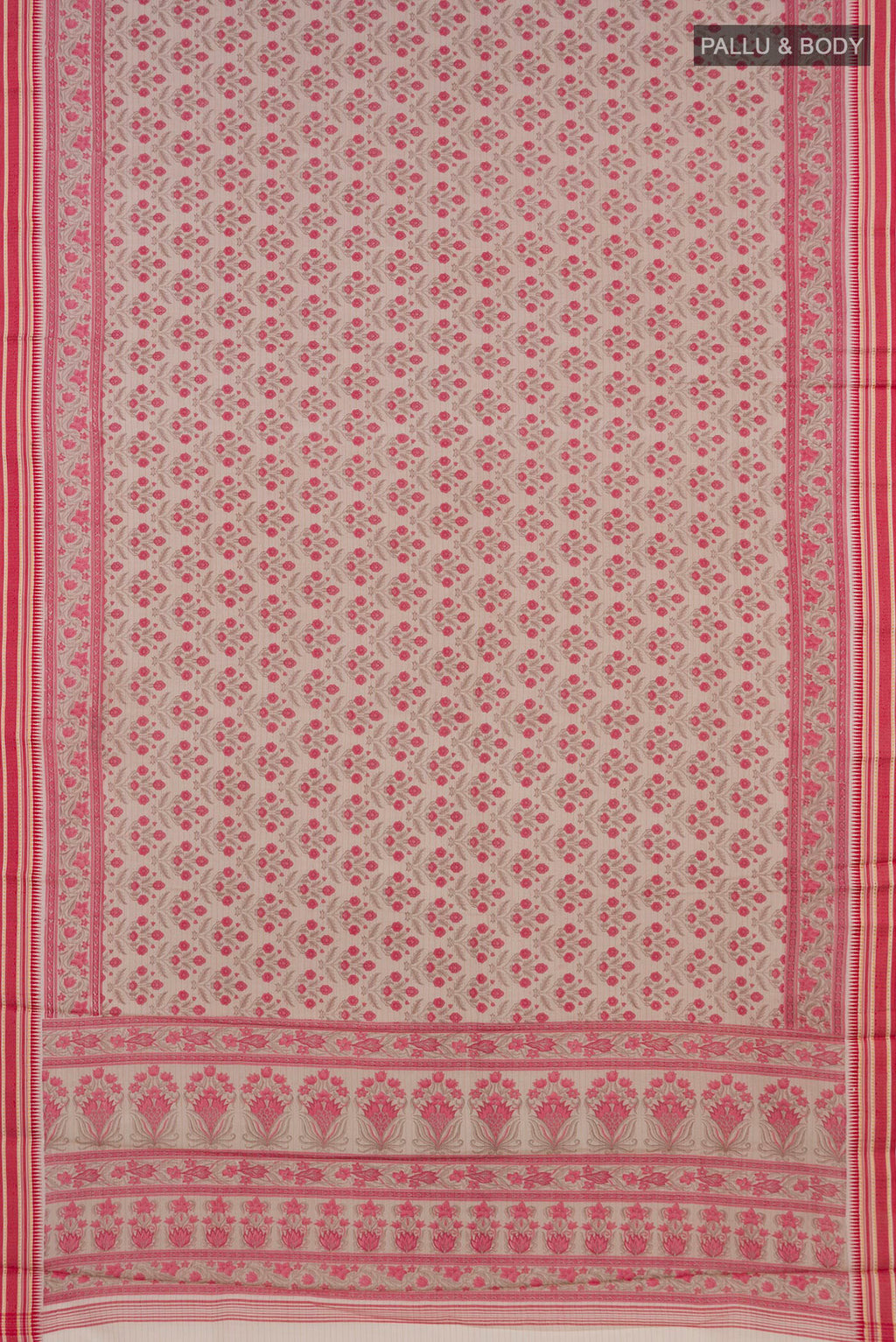 Flat view of Beige Tussar Saree with Floral Print on the body and Thread Border. 