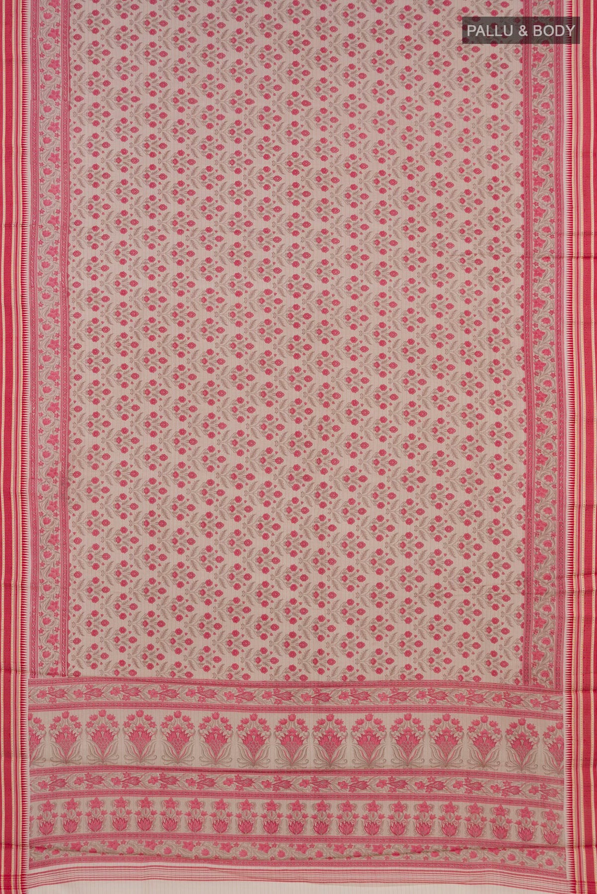 Flat view of Beige Tussar Saree with Floral Print on the body and Thread Border. 