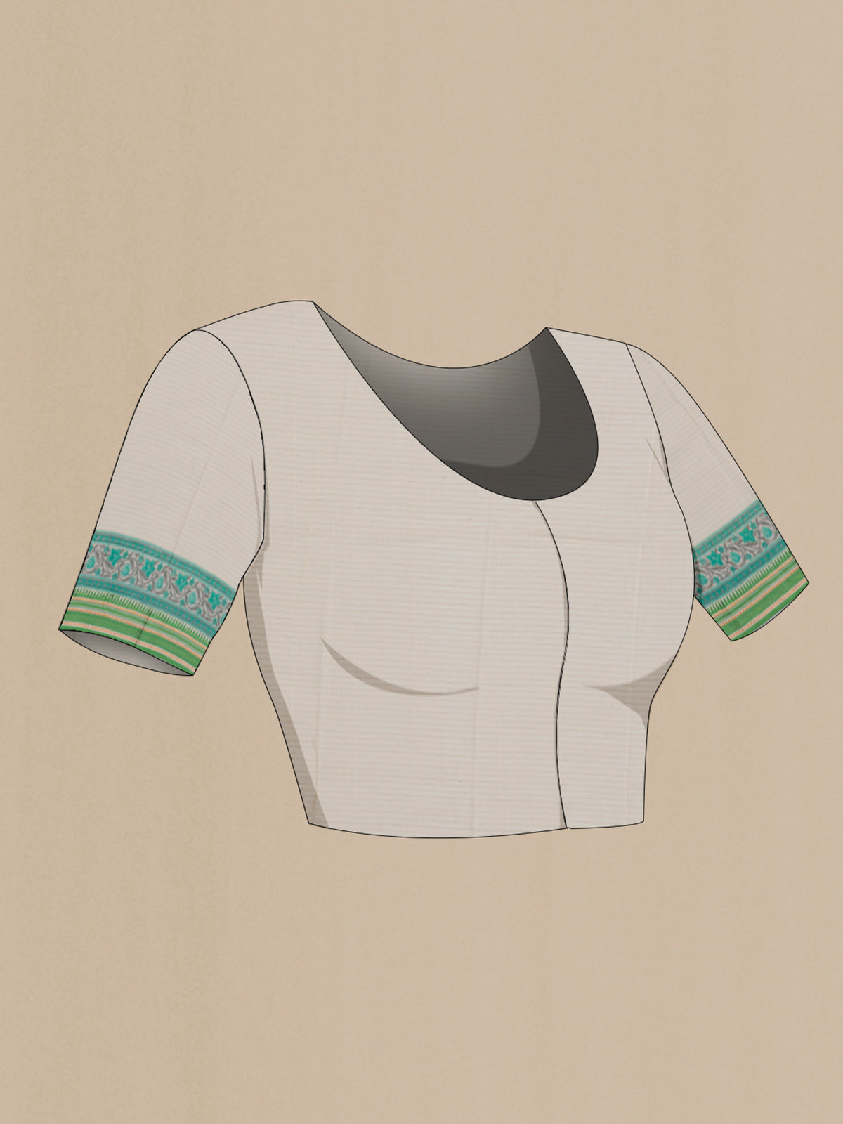 Close up image of the blouse of Cream Tussar Saree with Floral Print on the body and Thread Border. 