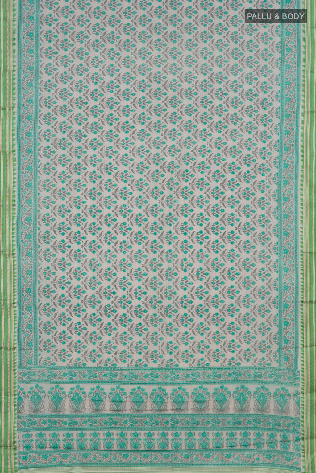 Flat view of Cream Tussar Saree with Floral Print on the body and Thread Border. 
