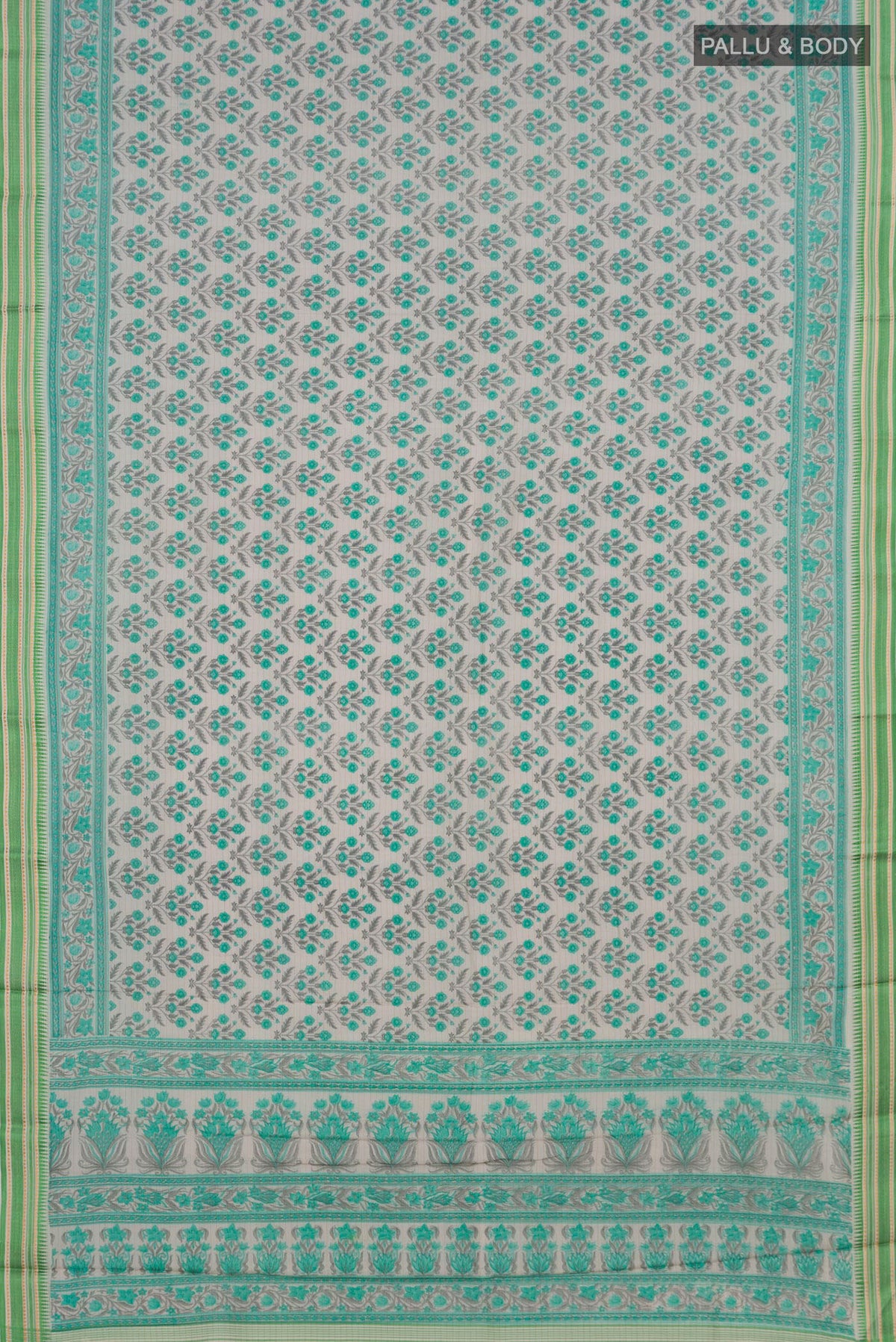 Flat view of Cream Tussar Saree with Floral Print on the body and Thread Border. 