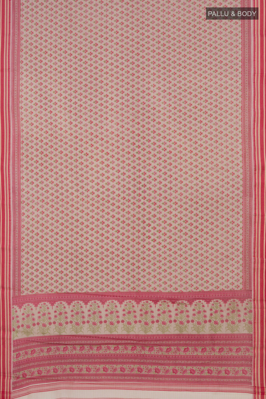 Flat view of Cream Tussar Saree with Floral Print on the body and Thread Border. 