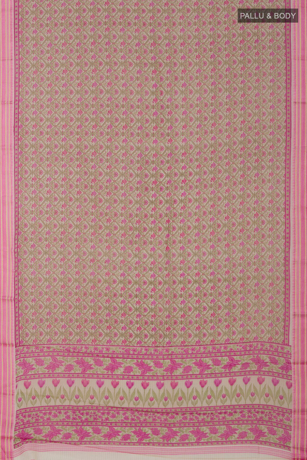 Flat view of Cream Tussar Silk Saree with Printed design on the body and Thread Border. 