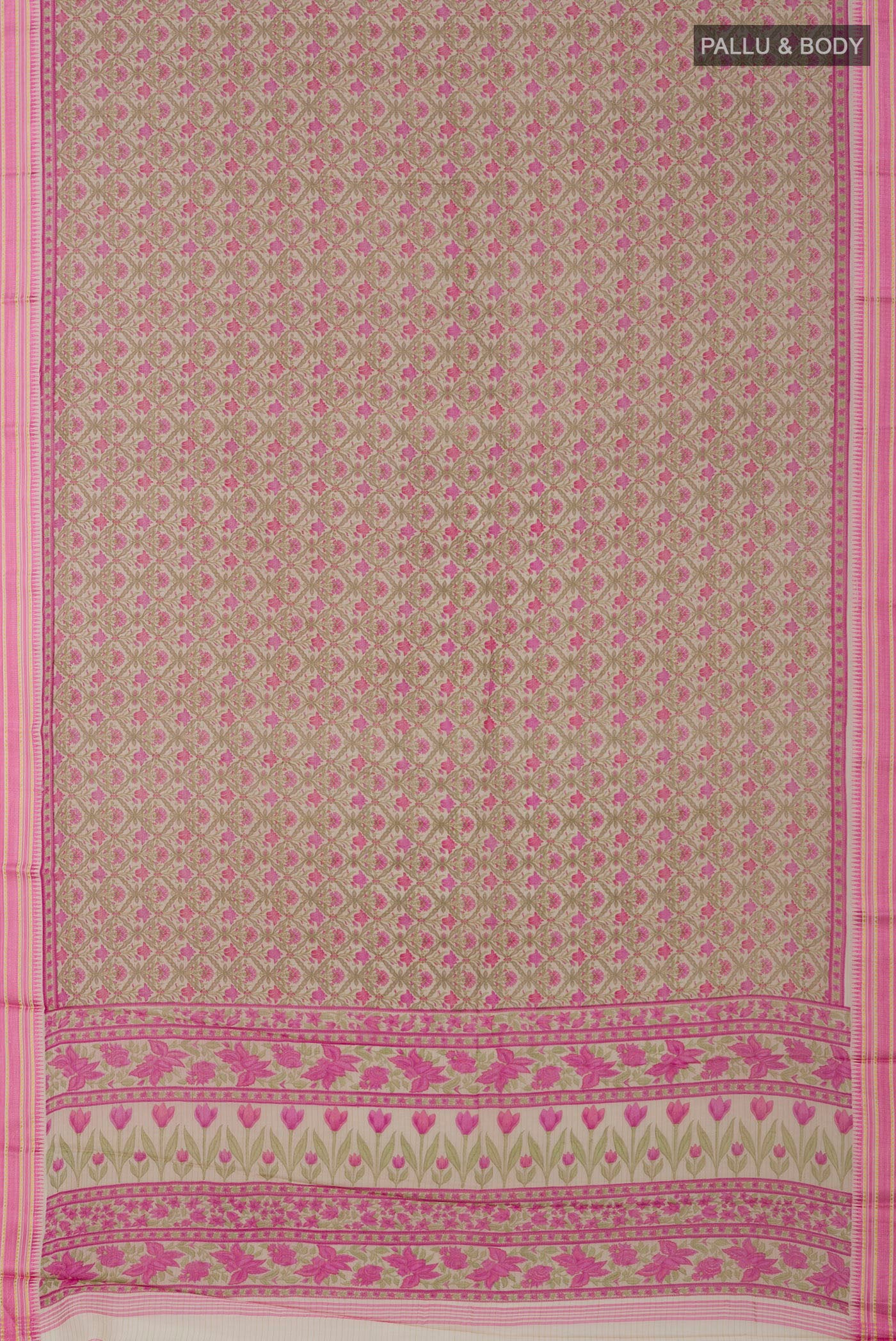 Flat view of Cream Tussar Silk Saree with Printed design on the body and Thread Border. 